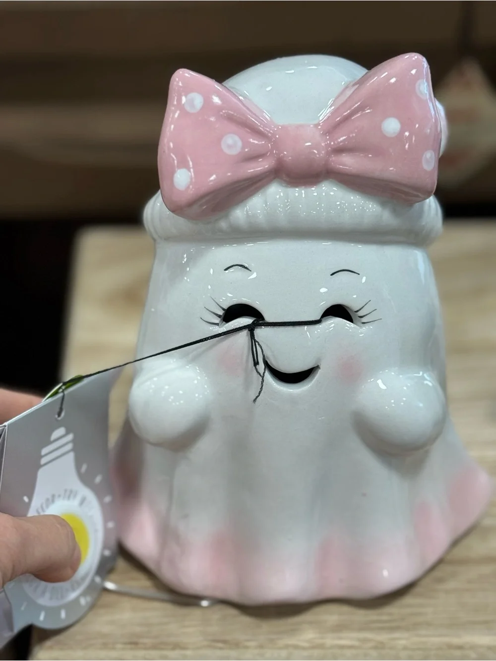 Ceramic Pink Bow Ghost Figurine Home Accent LED